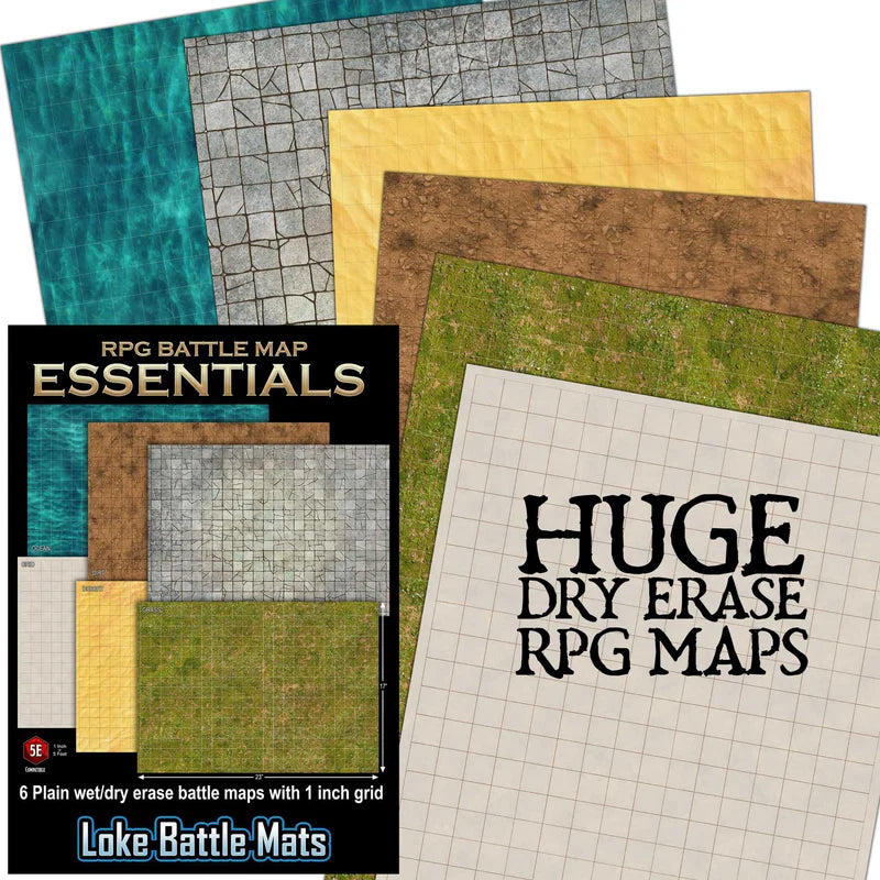 Loke RPG Battle Map Essentials Starter Set - 6 Plain Wet/Dry Erase Battle Maps With 1 Inch Grid