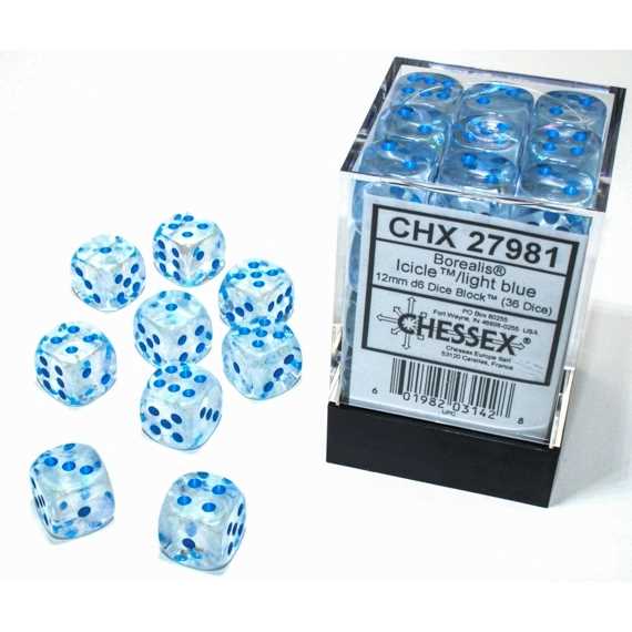 Chessex Dice Borealis 12mm Luminary D6 Dice Block: Icicle / Light Blue