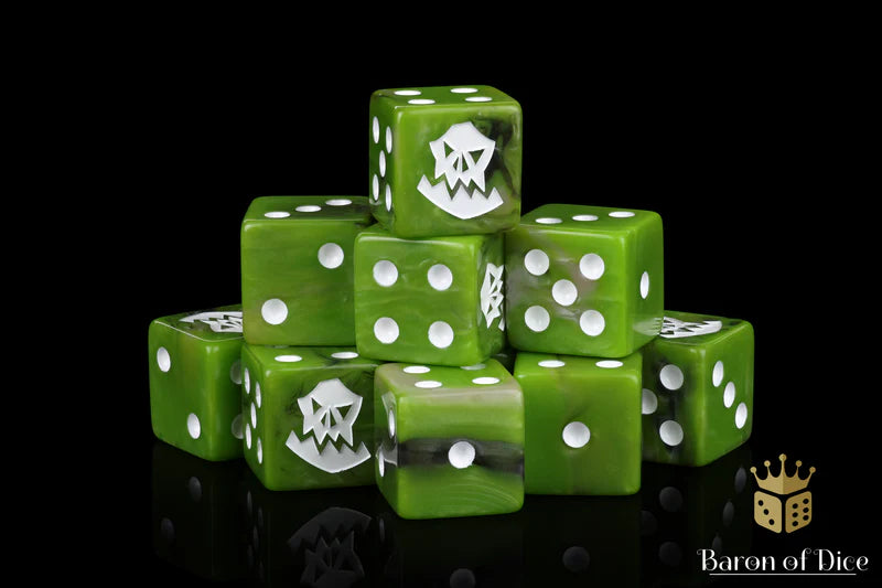 Baron Of Dice Orc Dice Green White Logo Square Corner 16mm Dice X25