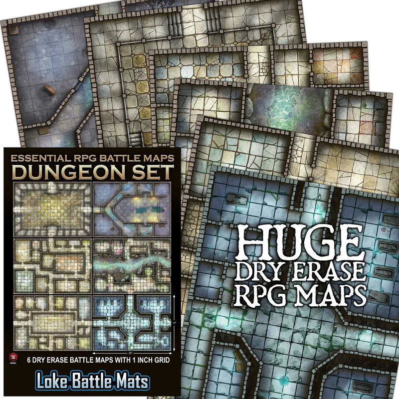 Loke RPG Battle Map Essentials Dungeon Set - 6 Dry Erase Battle Maps With 1 Inch Grid