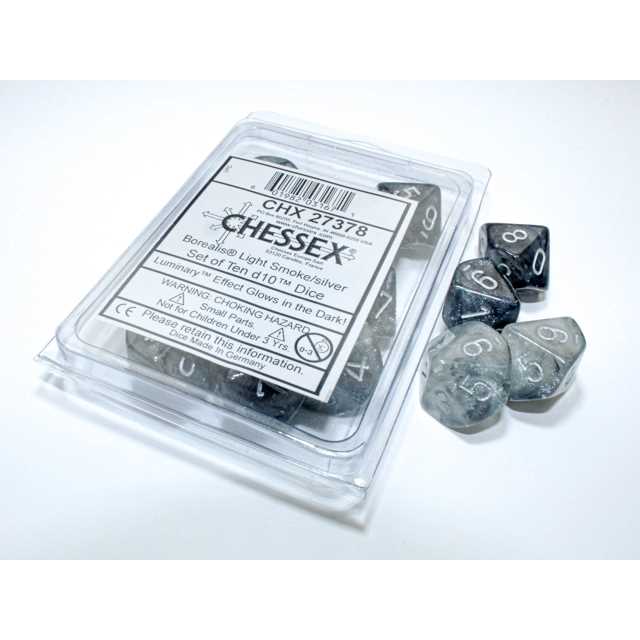 Chessex Dice Borealis Polyhedral Luminary Ten D10 Set: Light Smoke / Silver