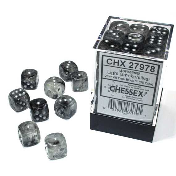 Chessex Dice Borealis 12mm Luminary D6 Dice Block: Light Smoke / Silver